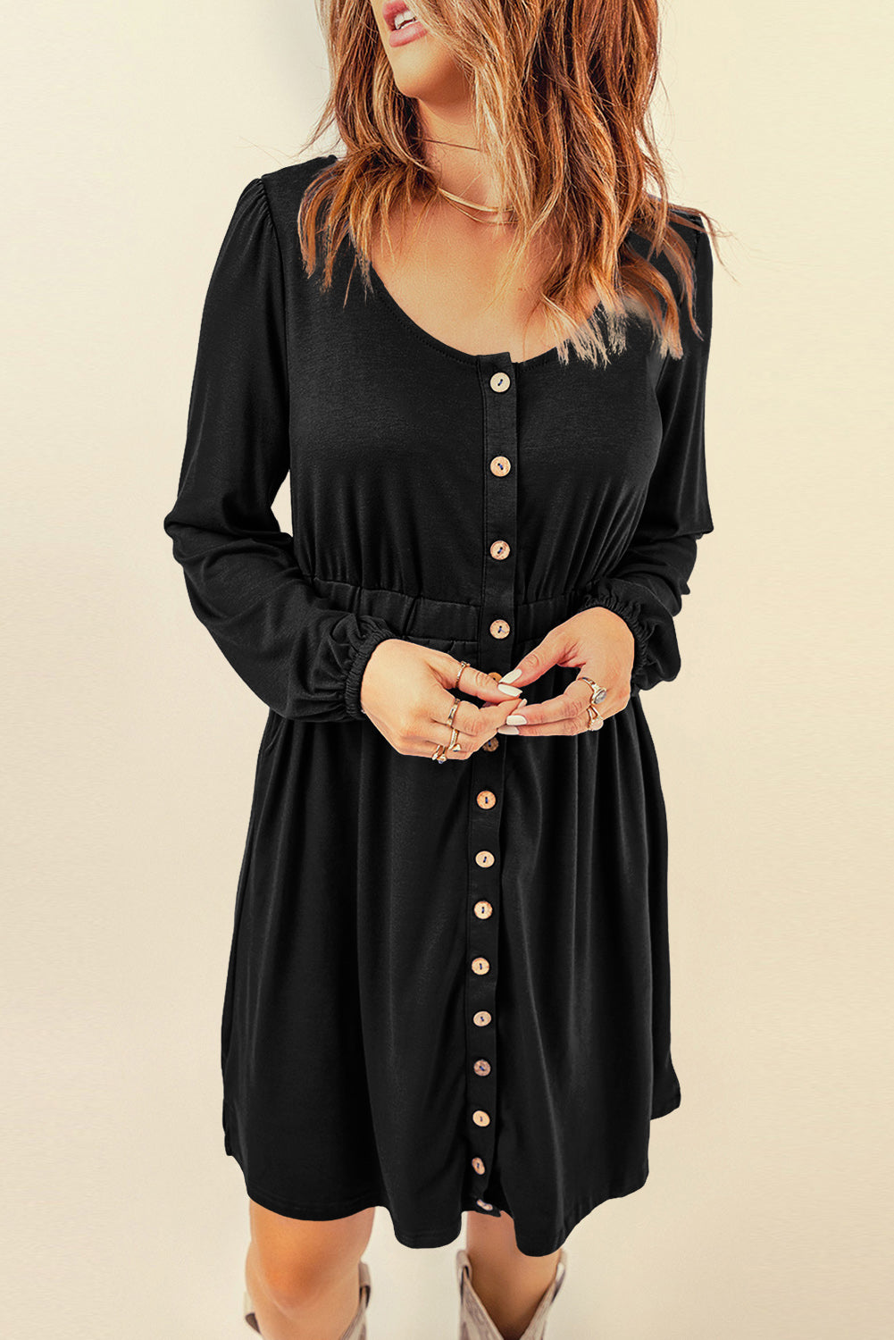 Black Button Up High Waist Long Sleeve Dress Midi Dresses JT's Designer Fashion