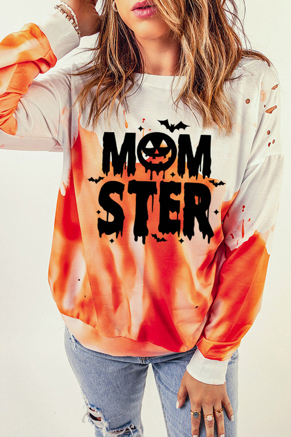 Orange MOMSTER Tie Dye Print Ripped Pullover Sweatshirt Graphic Sweatshirts JT's Designer Fashion