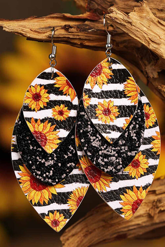 Leopard Sunflower Black Sequined Leaf Multi-Layered Leather Earrings Jewelry JT's Designer Fashion