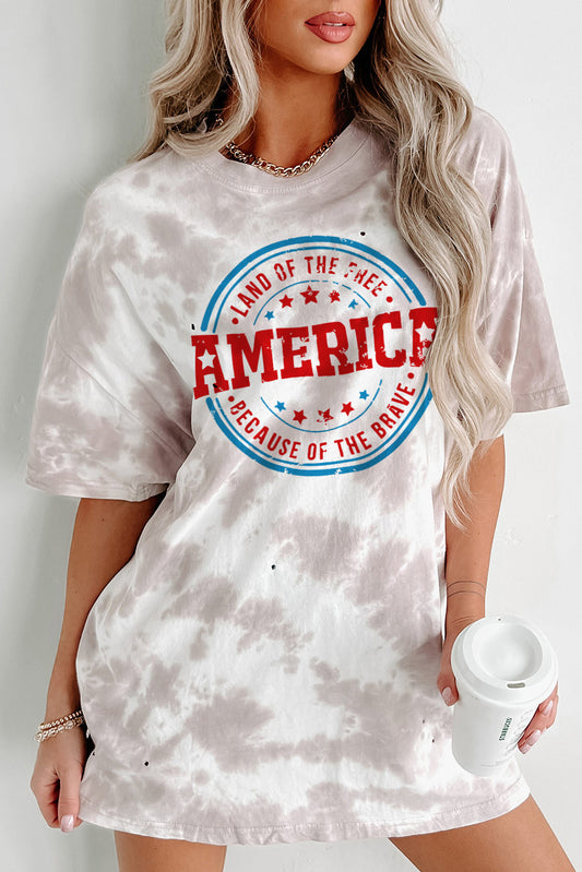 White Oversized Tie-dye AMERICA Graphic T-shirt with Distressing Graphic Tees JT's Designer Fashion