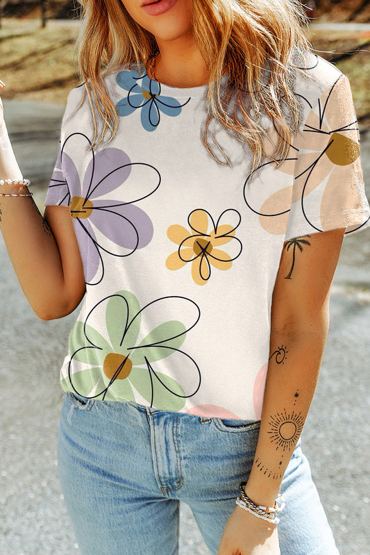 Beige Summer Flower Print Casual Round Neck T Shirt Pre Order Tops JT's Designer Fashion