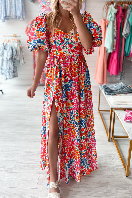Rose Puff Sleeve Thigh High Split Floral Maxi Dress