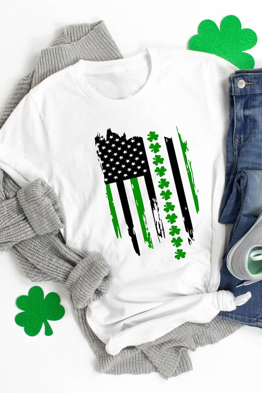 White St. Patricks Clover American Flag Print Crewneck Tee Graphic Tees JT's Designer Fashion