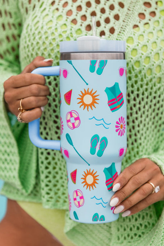 Light Blue Beach Day Fun Pattern Cup with Handle 40oz Tumblers JT's Designer Fashion