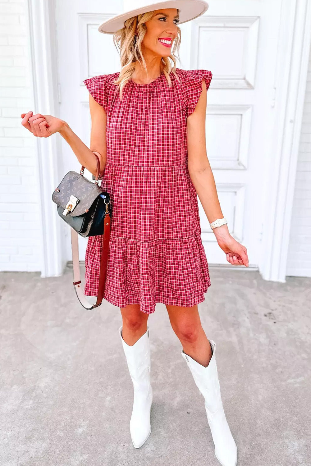 Red Clay Plaid Print Flutter Sleeve Ruffle Tiered Mini Dress Mini Dresses JT's Designer Fashion