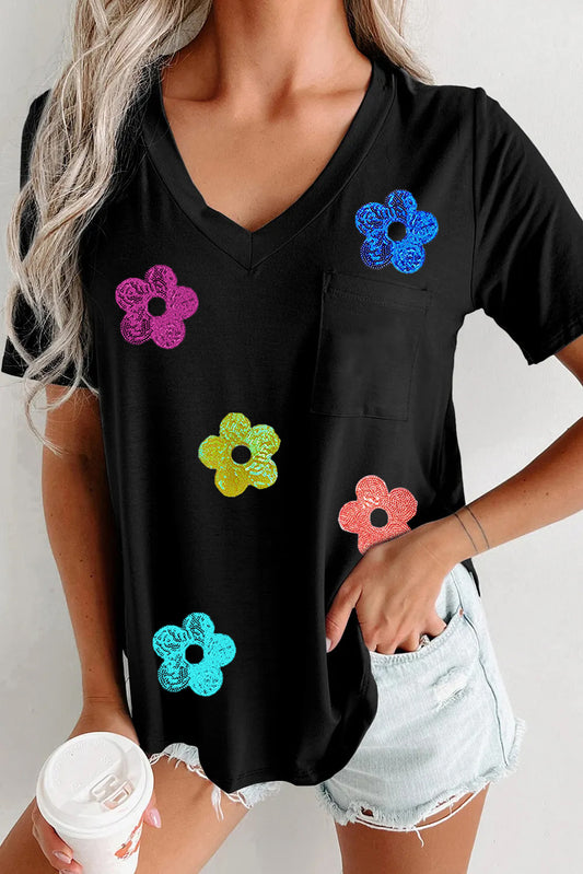 Black Sequined Flower Pocketed V Neck T Shirt Graphic Tees JT's Designer Fashion