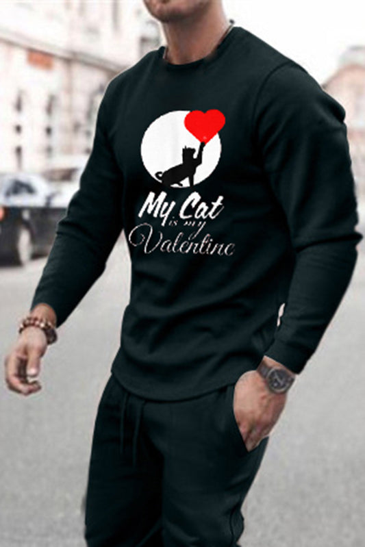 Men's Valentine Graphic Print Sweatshirt and Sweatpants Suit Black 75%Cotton+23%Polyester+2%Spandex Men's Tops JT's Designer Fashion