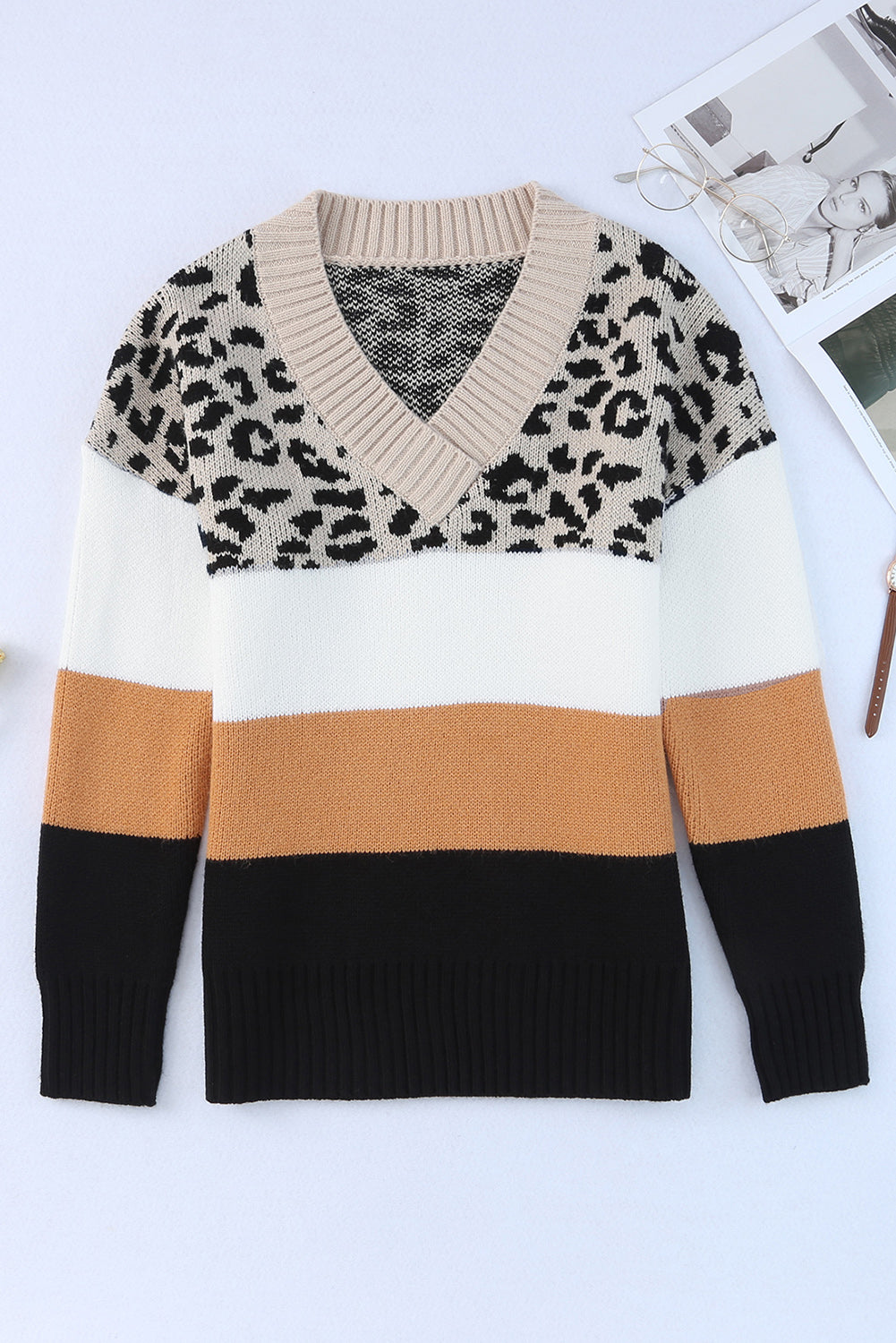 Khaki Leopard Color Block Long Sleeve Sweater Sweaters & Cardigans JT's Designer Fashion