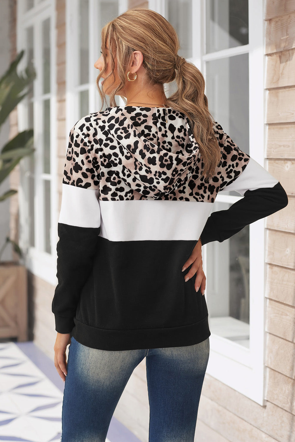 Black Leopard Splicing Kangaroo Pocket Drawstring Hoodie Sweatshirts & Hoodies JT's Designer Fashion