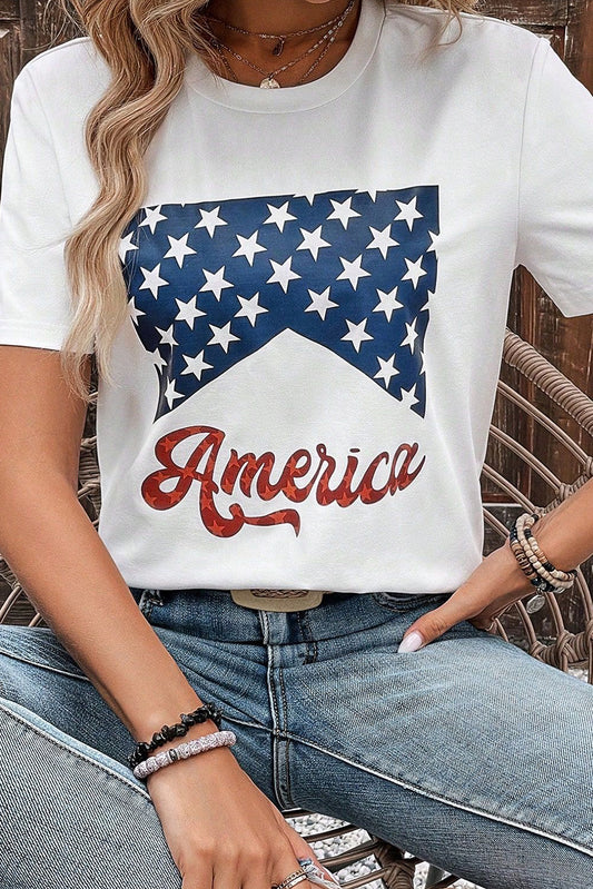 White America Stars Print Crew Neck Casual T Shirt Graphic Tees JT's Designer Fashion