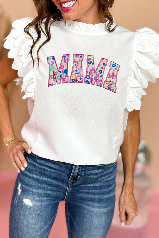 White MAMA Leopard Embroidered Layered Scalloped Sleeve Top Graphic Tees JT's Designer Fashion