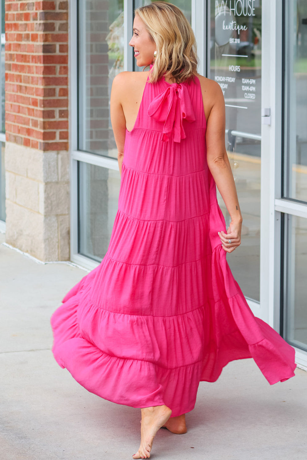 Rose Red High Frilled Neck Tiered Sleeveless Maxi Dress Maxi Dresses JT's Designer Fashion