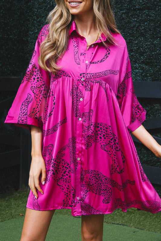 Rose Red Cheetah Print Bell Sleeve Mini Shirt Dress Mini Dresses JT's Designer Fashion