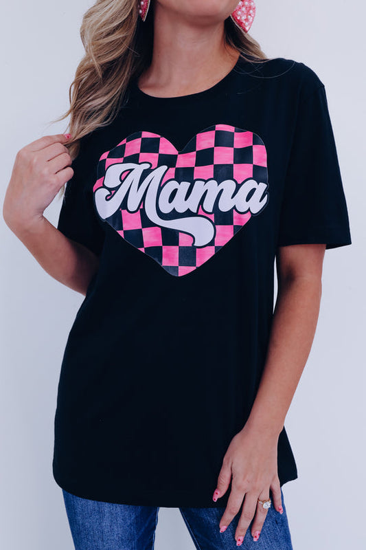 Black Mama Checkered Heart Shape Print Crewneck T Shirt Graphic Tees JT's Designer Fashion
