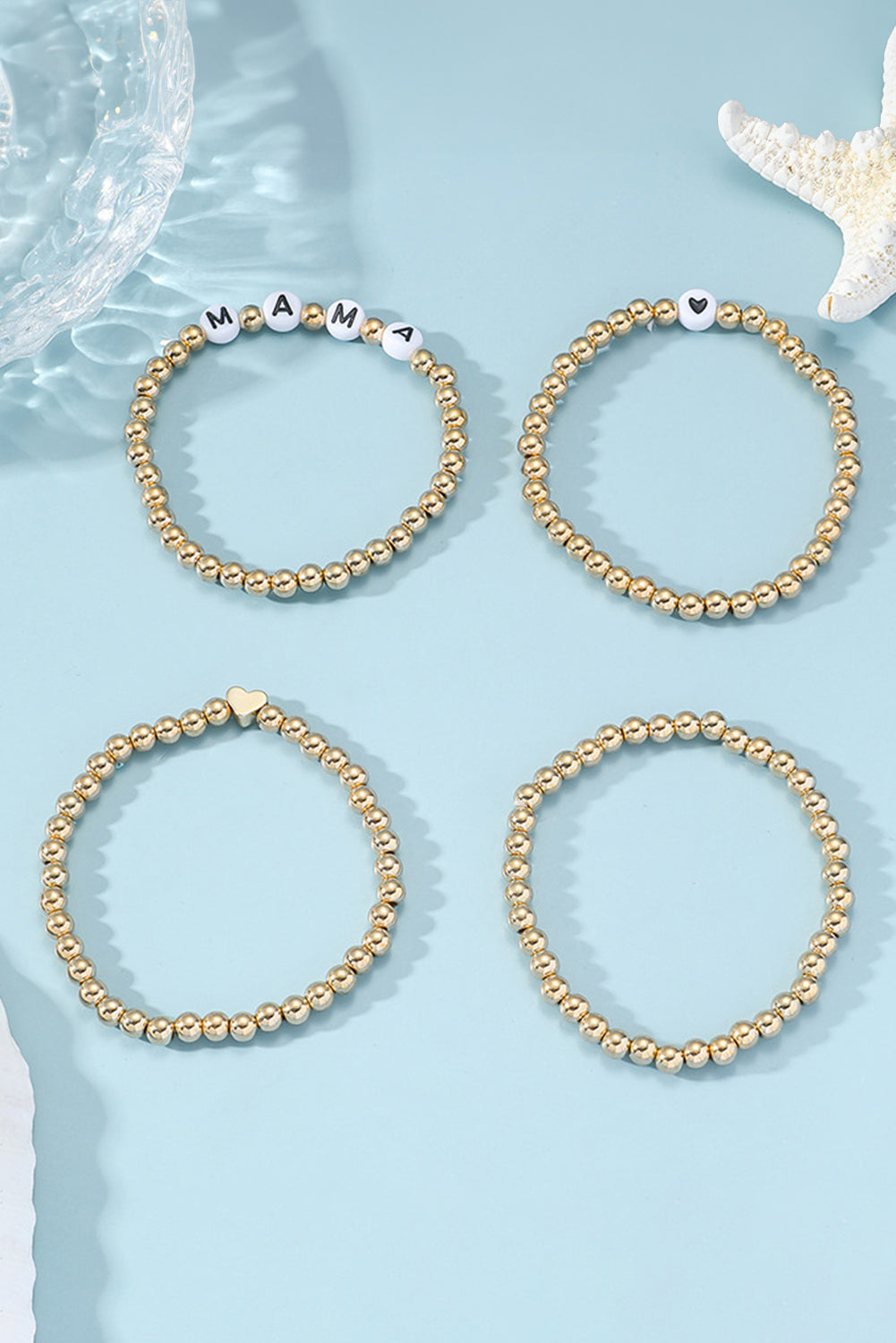 Gold MAMA Heart Bead 4Pcs Bracelets Set Jewelry JT's Designer Fashion