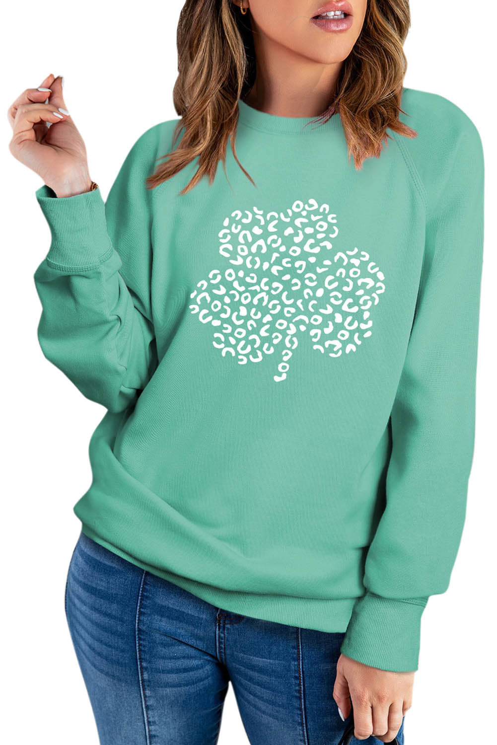 Green Leopard Clover Print Long Sleeve Sweatshirt Graphic Sweatshirts JT's Designer Fashion
