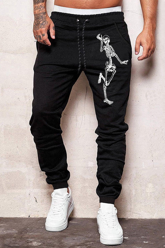Black Skeleton Print Drawstring Elastic Waist Men's Sweatpants Black 65%Polyester+35%Cotton Men's Pants JT's Designer Fashion