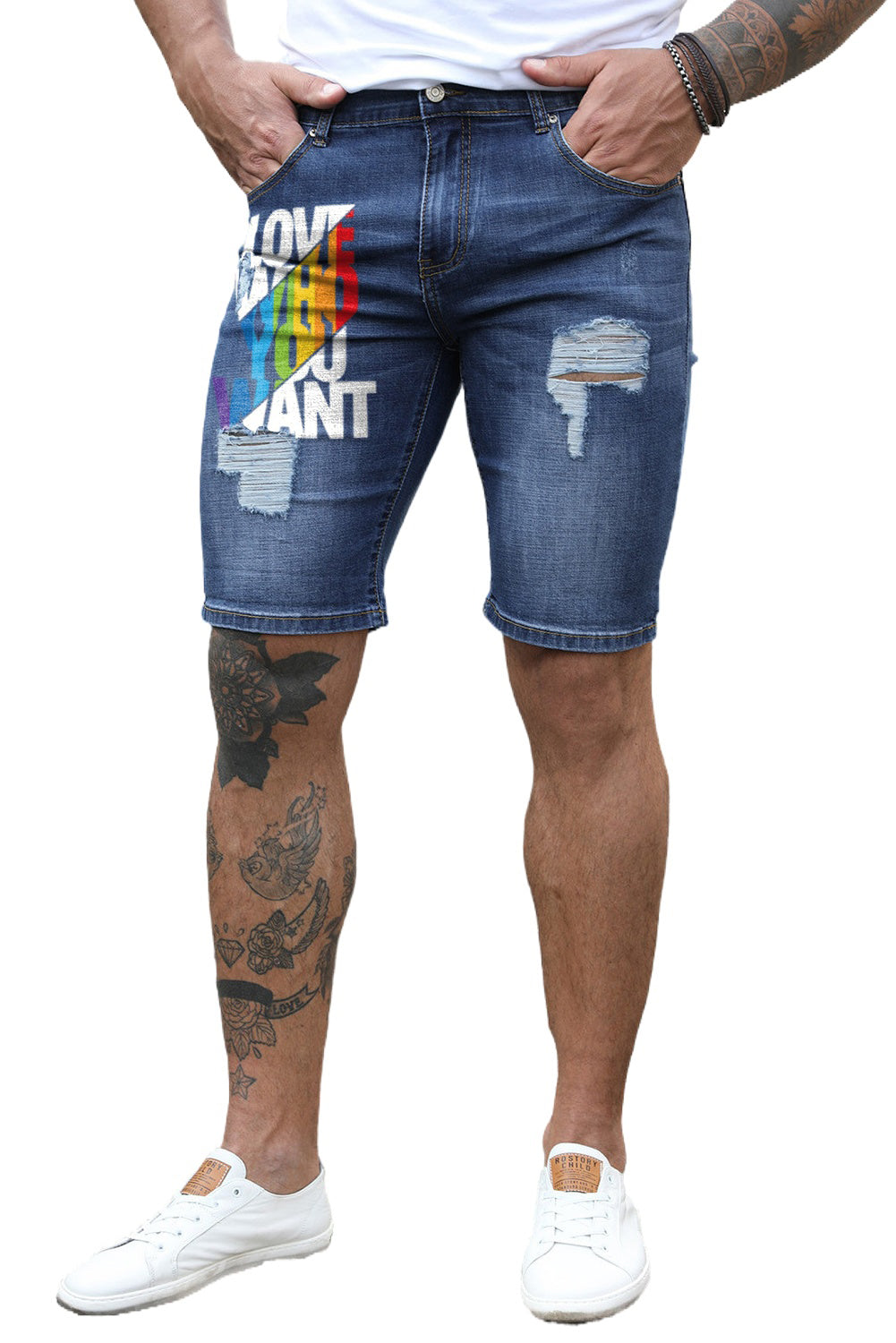 Blue Love Who You Want Print Men's Ripped Short Jeans Men's Pants JT's Designer Fashion