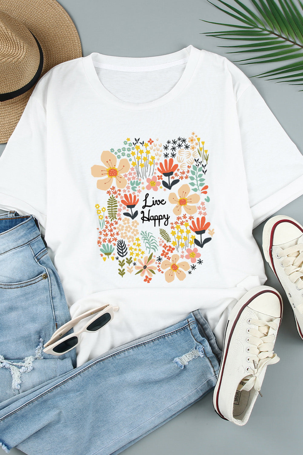 White Live Happy Floral Print T Shirt White 95%Polyester+5%Spandex Graphic Tees JT's Designer Fashion