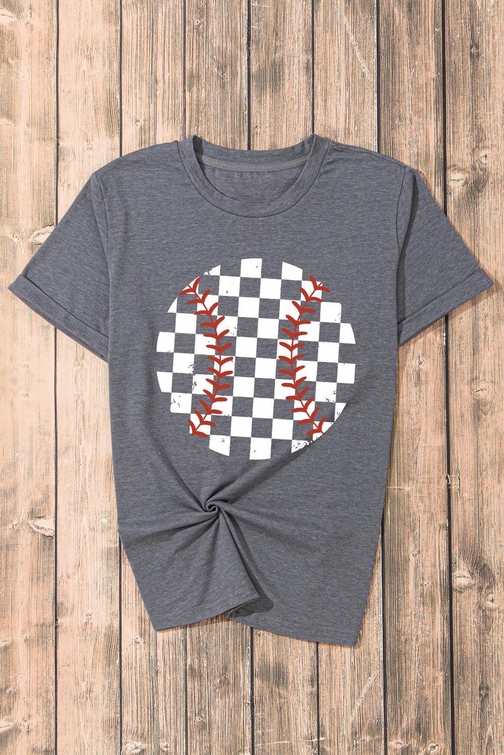 Gray Vintage Checkered Baseball Graphic Tee Graphic Tees JT's Designer Fashion
