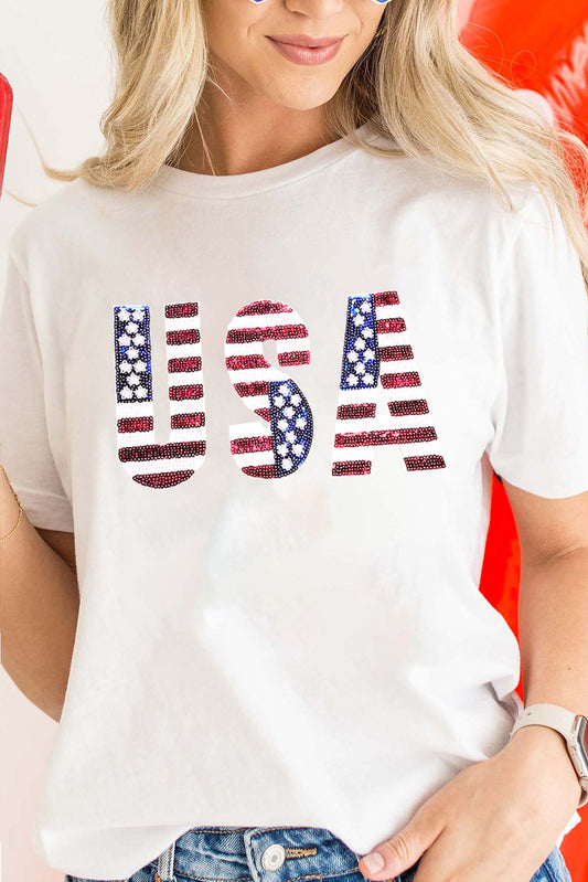 White USA Flag Sequin Patched Round Neck T Shirt Graphic Tees JT's Designer Fashion