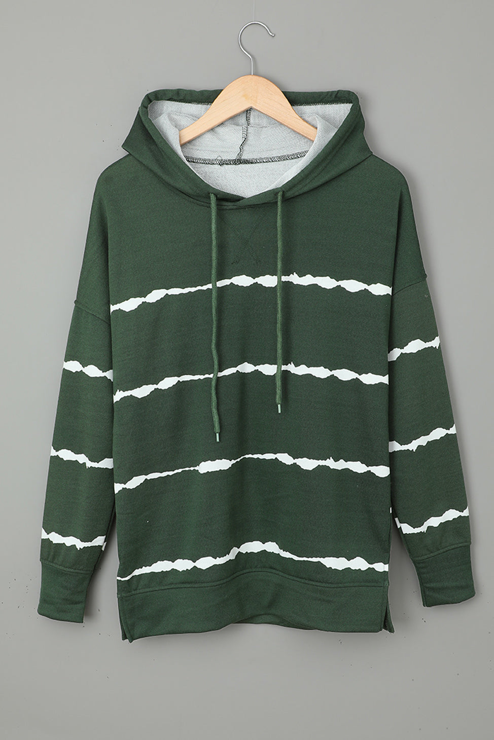 Green Tie-dye Striped Drawstring Hoodie with Side Split Tops Sweatshirts & Hoodies JT's Designer Fashion