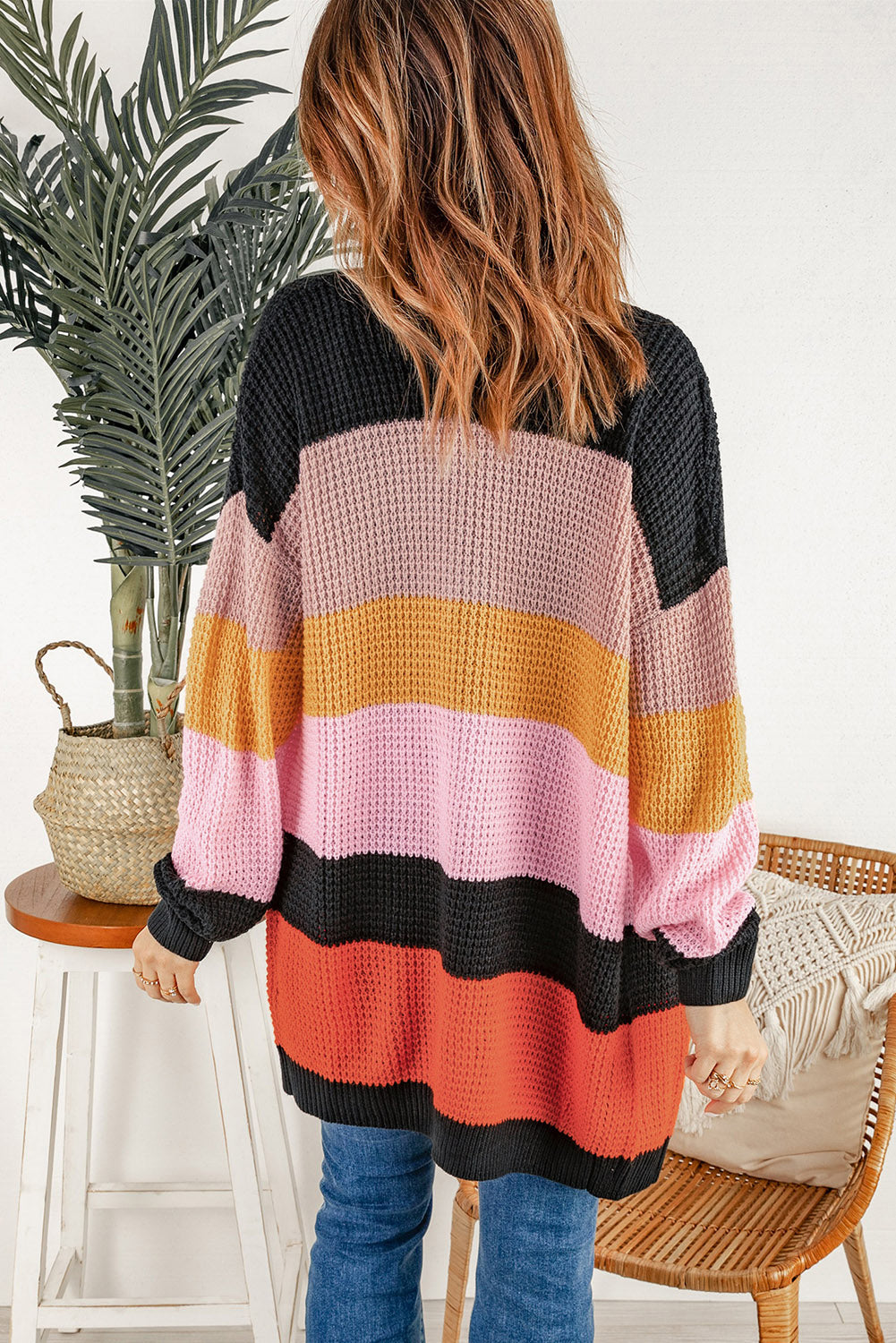 Multicolor Waffle Knit Color Block Open Front Cardigan Sweaters & Cardigans JT's Designer Fashion