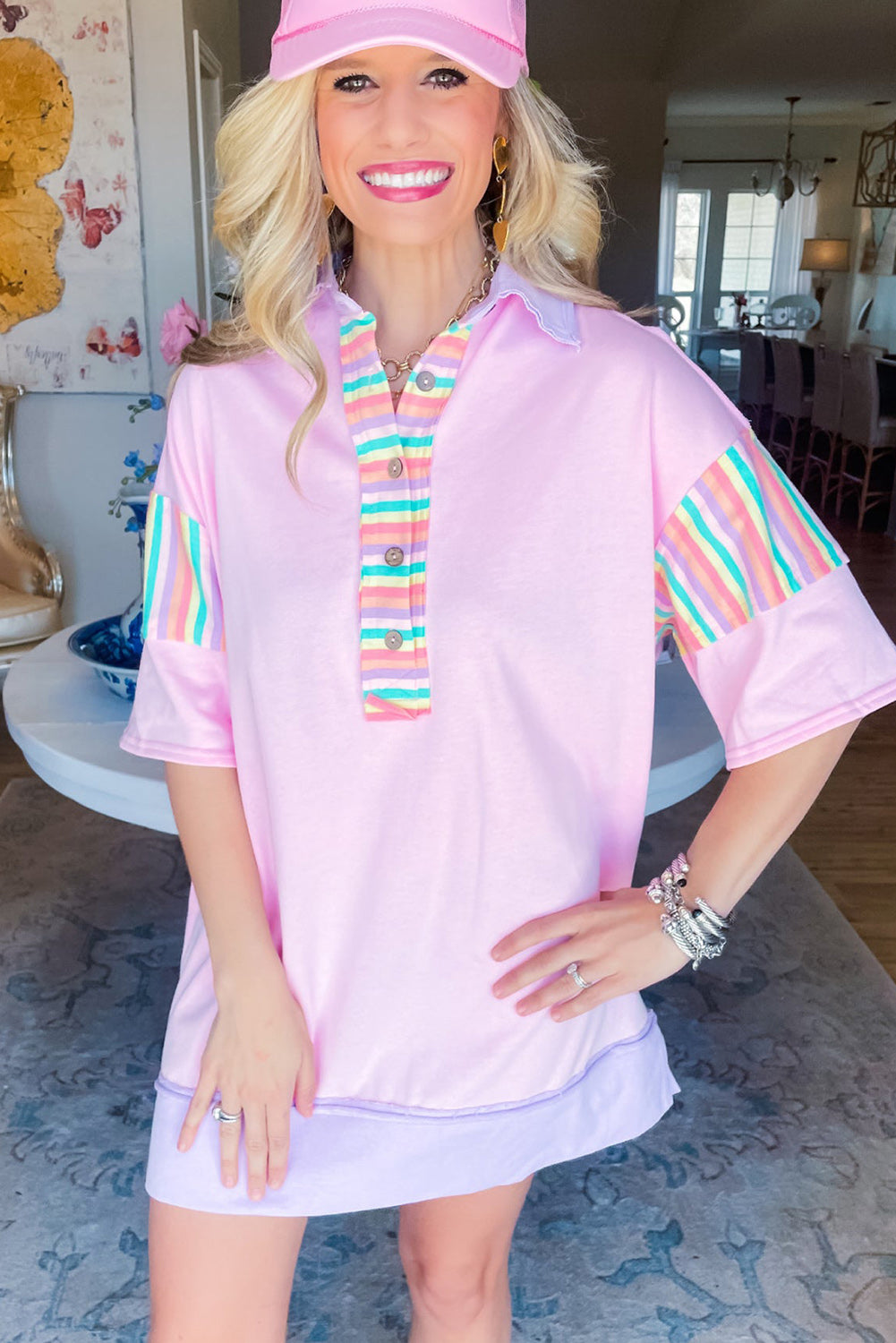 Pink Rainbow Stripe Half Sleeve Buttoned Collar Mini Dress Pre Order Dresses JT's Designer Fashion