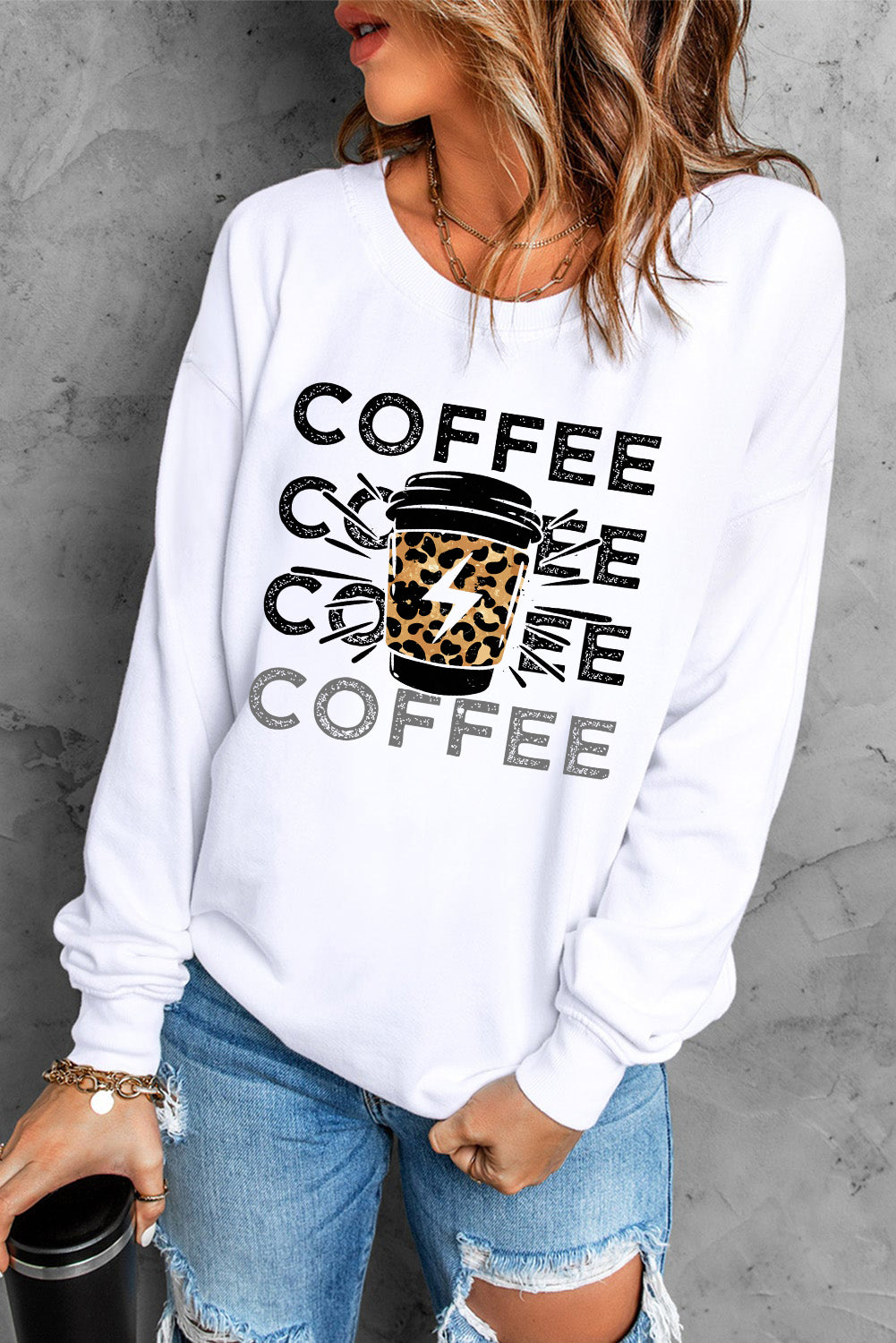 White COFFEE Figure Print Long Sleeve Sweatshirt Graphic Sweatshirts JT's Designer Fashion