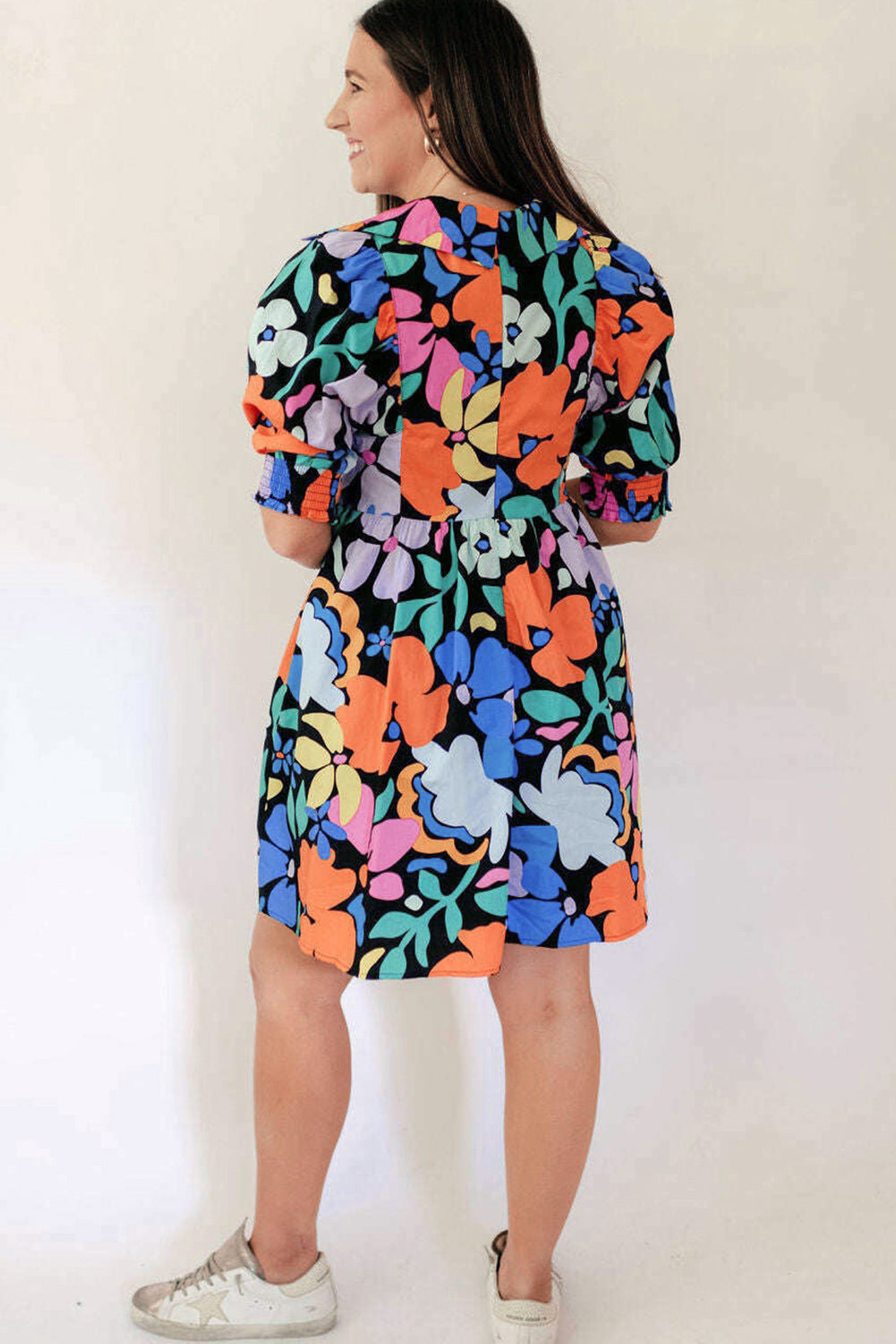 Blue Collared Split Neck Floral Flared Dress Floral Dresses JT's Designer Fashion