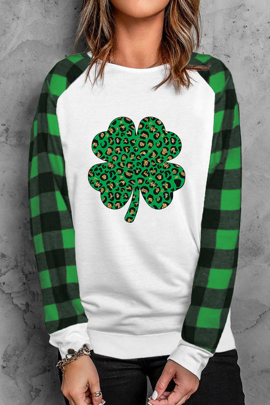 Green Leopard Four Leaf Clover Print Plaid Raglan Sleeve Sweatshirt Green 95%Polyester+5%Spandex Graphic Sweatshirts JT's Designer Fashion