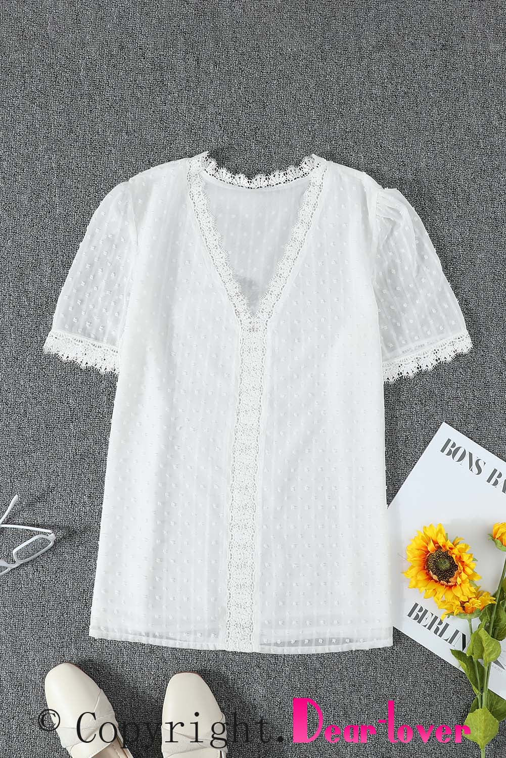 White Lace Splicing V-Neck Swiss Dot Short Sleeve Top Family T-shirts JT's Designer Fashion