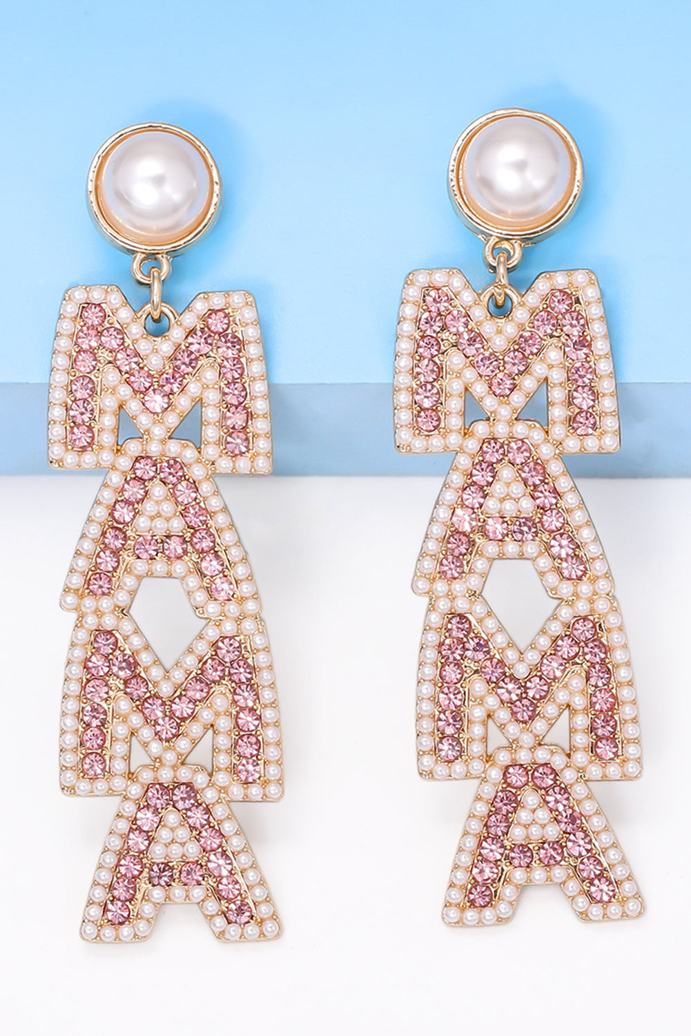 Apricot Pink MAMA Rhinestone Pearl Dangle Stud Earrings Jewelry JT's Designer Fashion