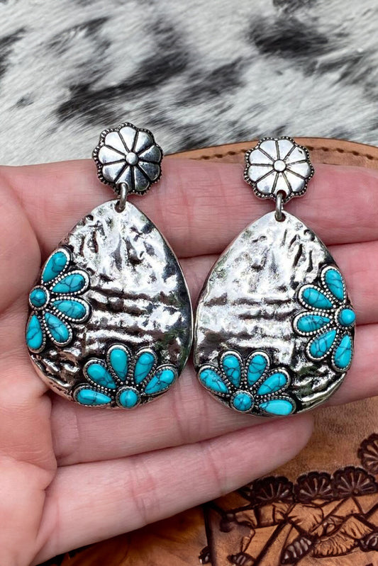 Silvery Western Turquoise Flower Studded Drop Earrings Jewelry JT's Designer Fashion