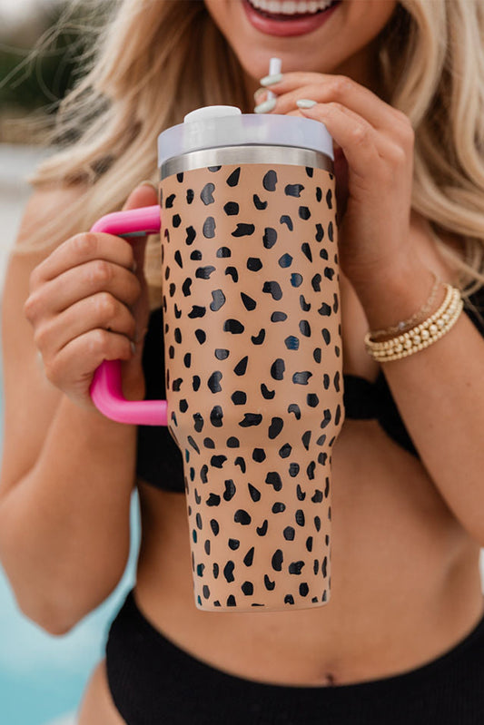 Brown Leopard Printed Handled Cup with Straw 40oz Tumblers JT's Designer Fashion
