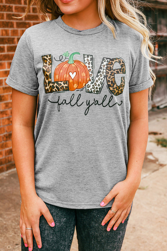 Gray Love Fall Yall Pumpkin Leopard Graphic T Shirt Gray 95%Polyester+5%Elastane Graphic Tees JT's Designer Fashion