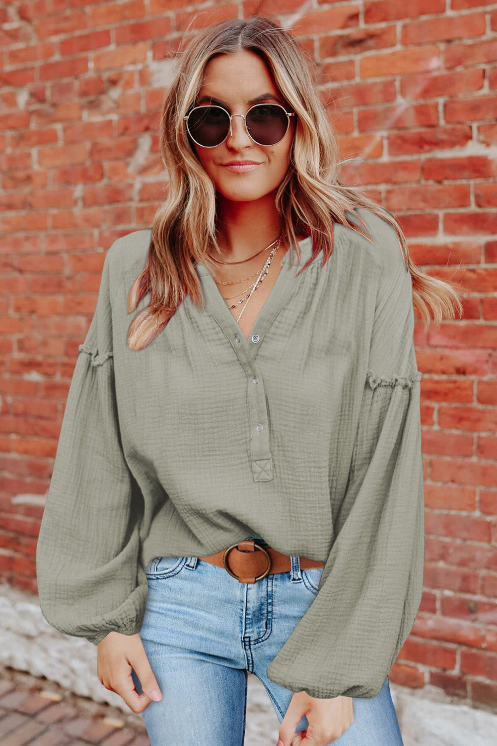 Green Casual Balloon Sleeve Crinkled Top Long Sleeve Tops JT's Designer Fashion