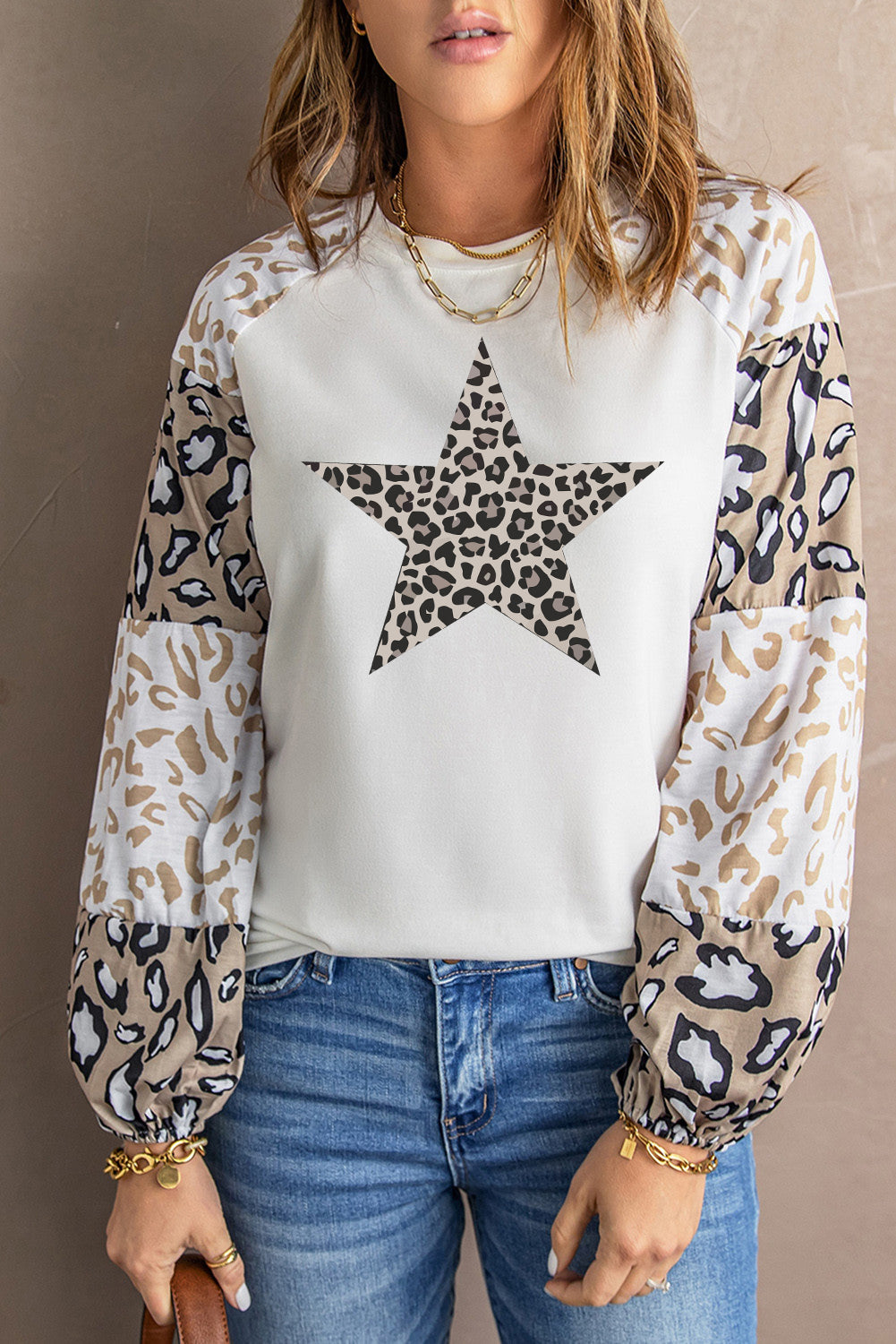 Star Leopard Color Block Long Sleeve Top Graphic Sweatshirts JT's Designer Fashion