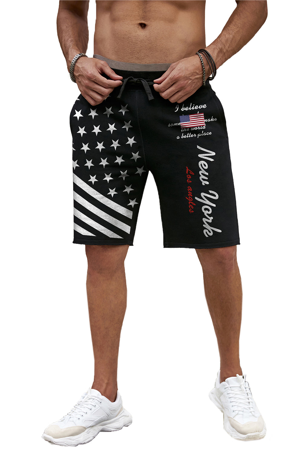Black American Flag Letter Graphic Print Drawstring Men's Casual Shorts Men's Pants JT's Designer Fashion