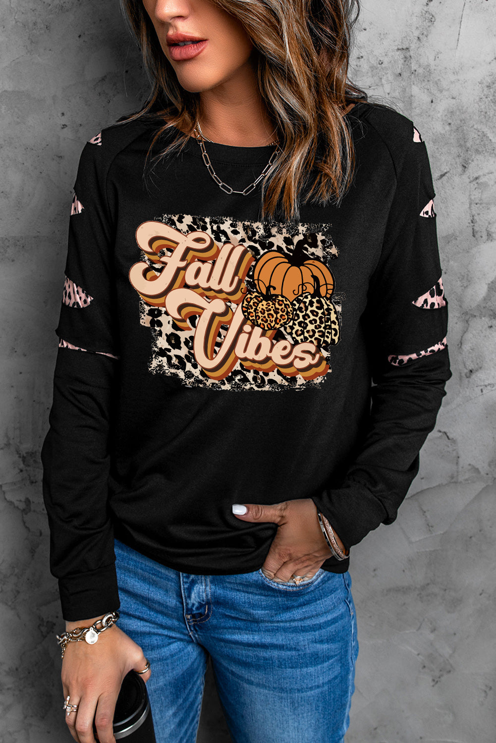 Black Fall Vibes Pumpkin Graphic Leopard Cutout Sleeve Sweatshirt Graphic Sweatshirts JT's Designer Fashion