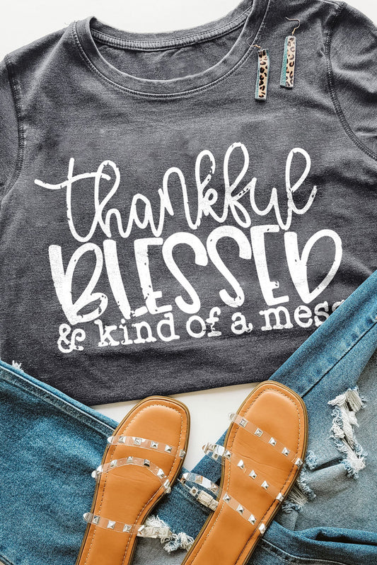 Gray Thankful Blessed & Kind of a Mess Graphic Tee Graphic Tees JT's Designer Fashion