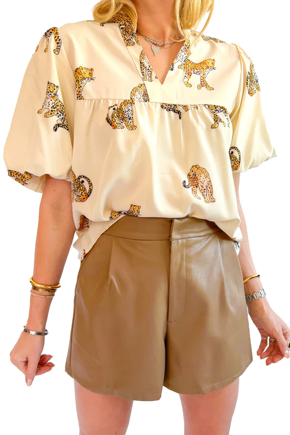 Apricot Cheetah Printed Split Neck Puff Sleeve Blouse Blouses & Shirts JT's Designer Fashion