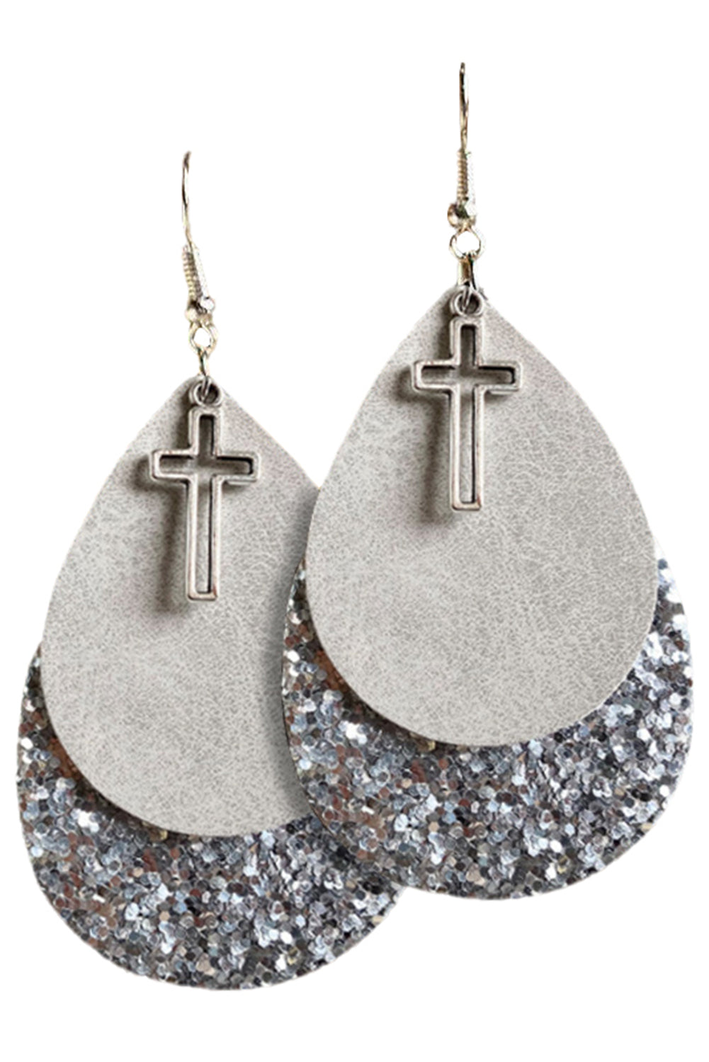Silver Sequin Cross Multi-layered Drop Earrings Jewelry JT's Designer Fashion