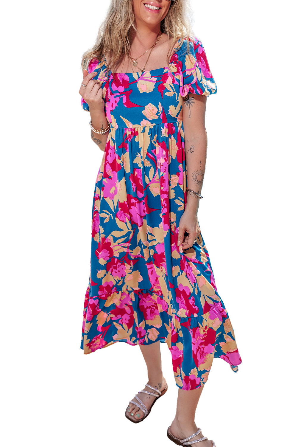 Dark Blue Square Neck Bubble Sleeve Ruffled Floral Dress Floral Dresses JT's Designer Fashion