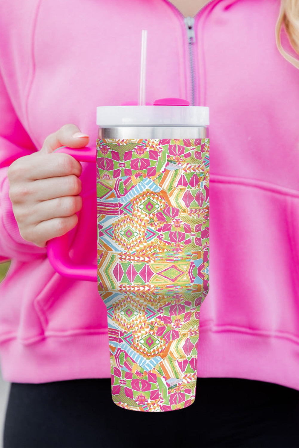Rose Red Geometric Print Stainless Steel Large Vacuum Cup 40oz Tumblers JT's Designer Fashion