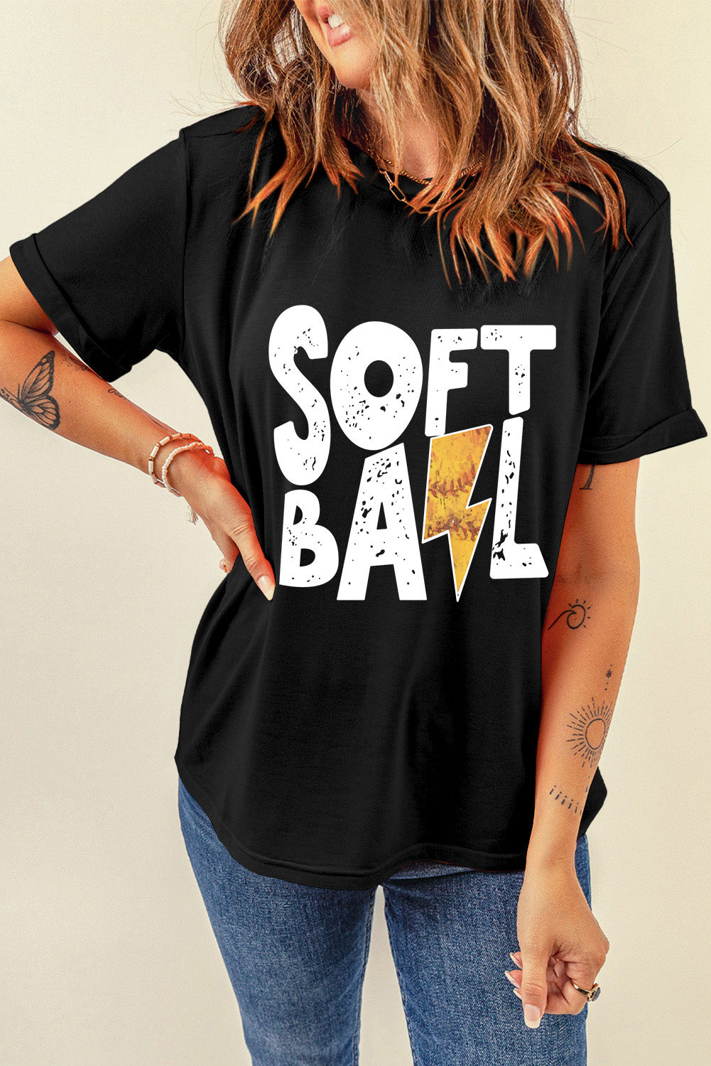 Black SOFT BALL Chic Letter Graphic T Shirt Graphic Tees JT's Designer Fashion