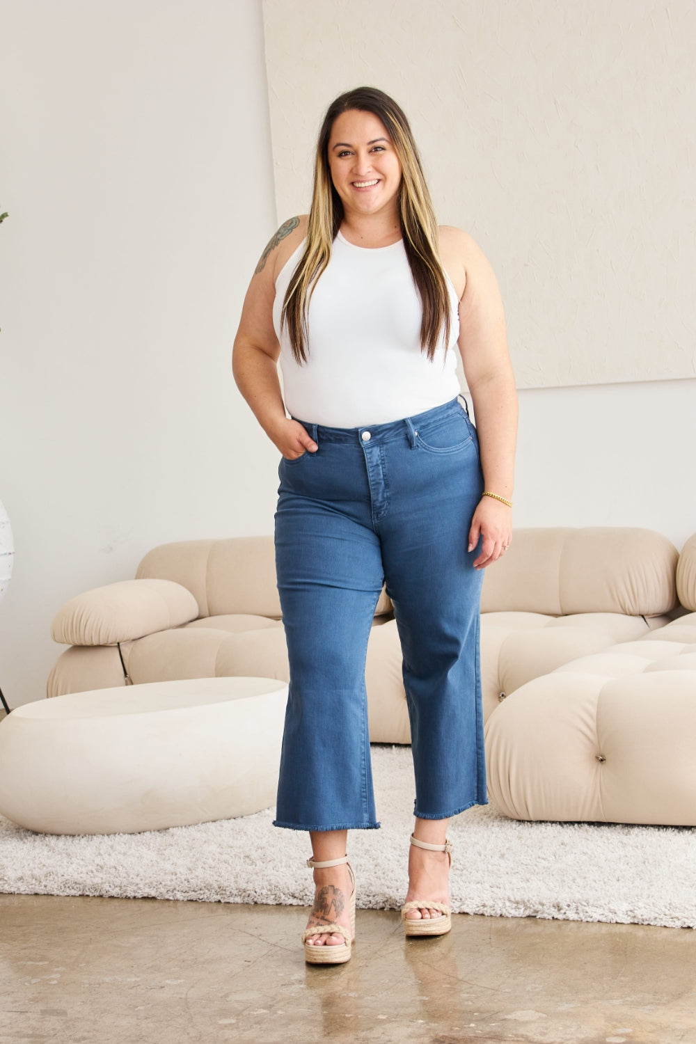 RFM Crop Chloe Full Size Tummy Control High Waist Raw Hem Jeans Jeans JT's Designer Fashion