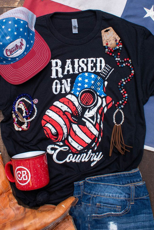 Black Raised On Country USA Flag Guitar Graphic Tee Graphic Tees JT's Designer Fashion