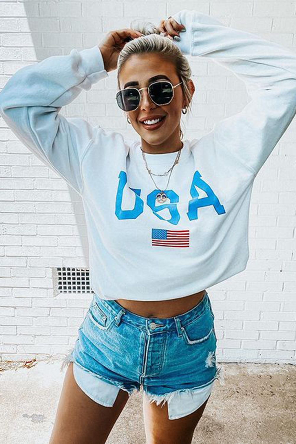 White USA Flag Print Drop Sleeve Pullover Sweatshirt Graphic Sweatshirts JT's Designer Fashion