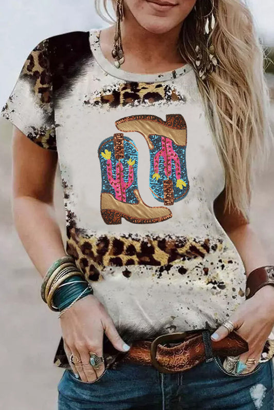 Leopard Tie Dye Sequin Cactus Cowboy Boots Graphic T Shirt Graphic Tees JT's Designer Fashion